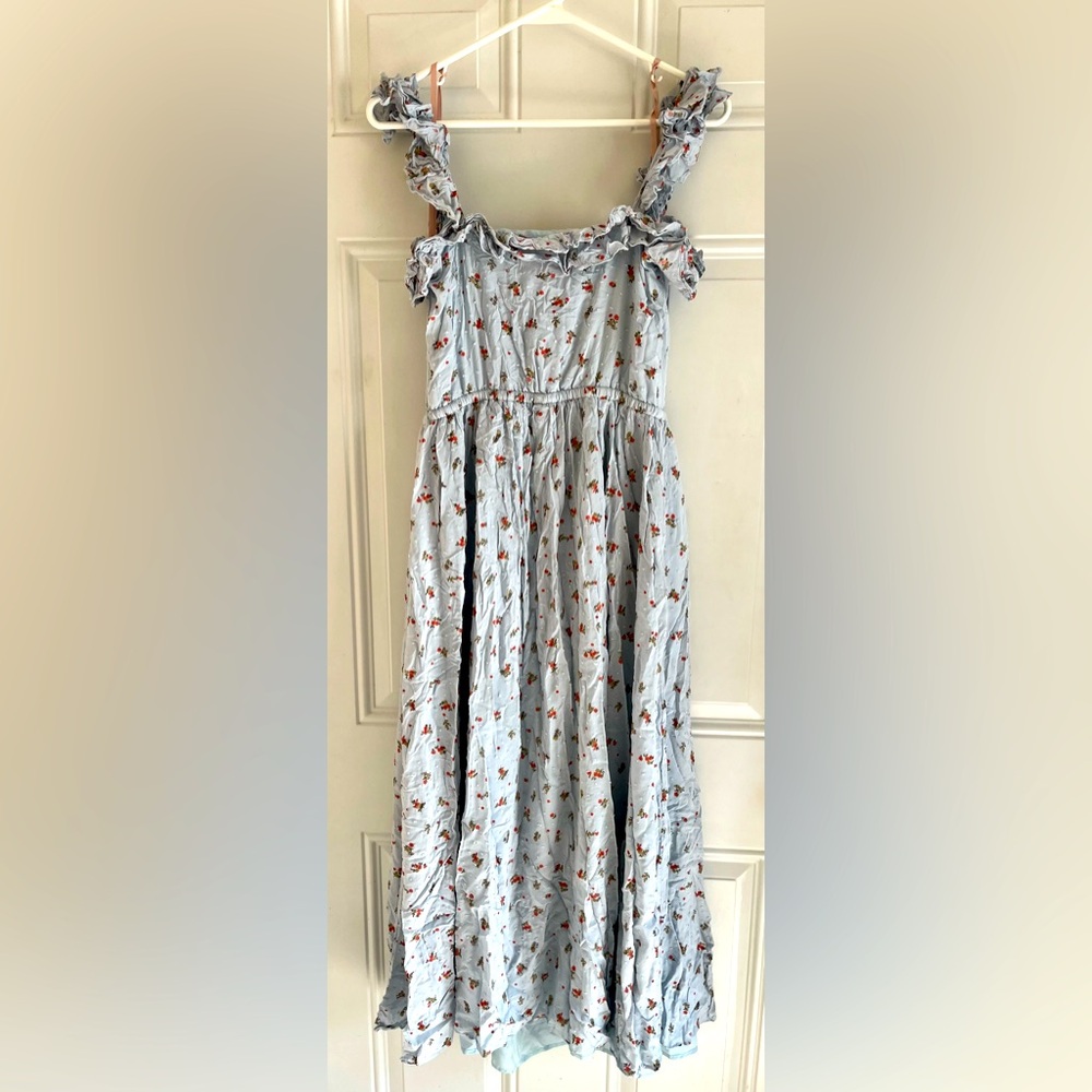 Gal Meets Glam Patricia Dress Women 8P Blue Floral Button Front Maxi Ruffle Neck - Picture 2 of 10